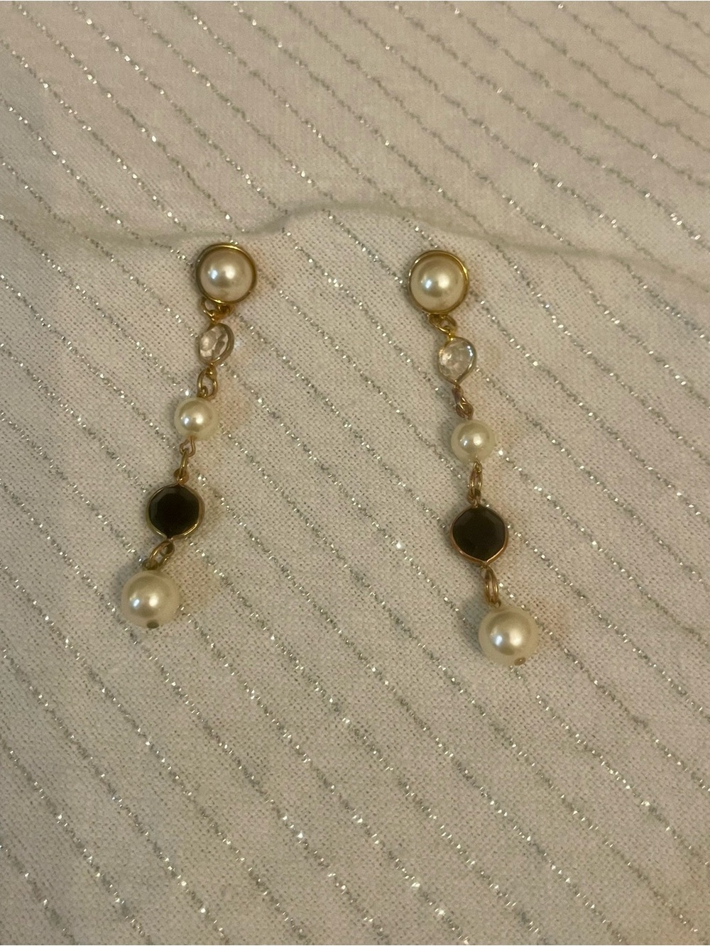 Gold-Tone Pearl Drop Earrings with Black Accent